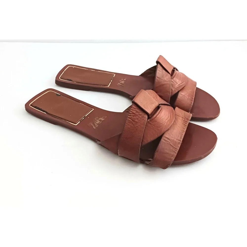 ZARA Brown Braided Leather Flat Slide Sandals EU 38 US 7-7.5 - Picture 6 of 10